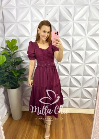 Vestido Tricoline Midi Com Cinto Encapado Emanuela - Cherry - Milla Chic