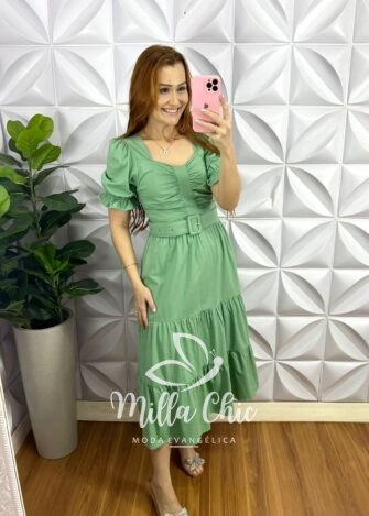 Vestido Tricoline Midi Com Cinto Encapado Emanuela - Verde - Milla Chic