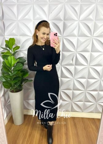 Vestido Tricot Mouse Justo Com Fenda Longo Giovany - Preto - Milla Chic