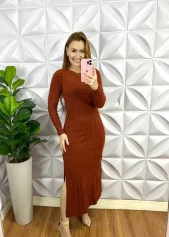 Vestido Tricot Mouse Justo Com Fenda Longo Giovany - Rose - Milla Chic