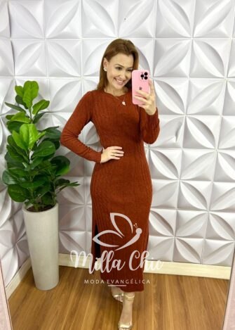 Vestido Tricot Mouse Justo Com Fenda Longo Giovany - Rose - Milla Chic