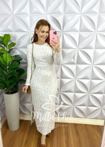 Vestido Tricot Mouse Justo Com Fenda Longo Giovany - Rose - Milla Chic