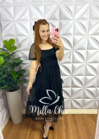 Vestido Tule Bolinha Decote Quadrado Manga Princesa Babadinhos Nas Marias Milene - Preto - Milla Chic