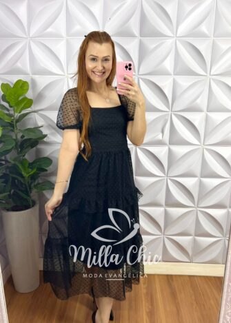Vestido Tule Bolinha Decote Quadrado Manga Princesa Babadinhos Nas Marias Milene - Preto - Milla Chic