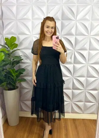 Vestido Tule Bolinha Decote Quadrado Manga Princesa Babadinhos Nas Marias Milene - Preto - Milla Chic