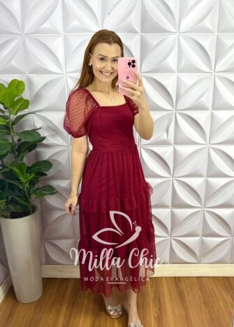 Vestido Tule Bolinha Decote Quadrado Manga Princesa Babadinhos Nas Marias Milene - Cherry - Milla Chic