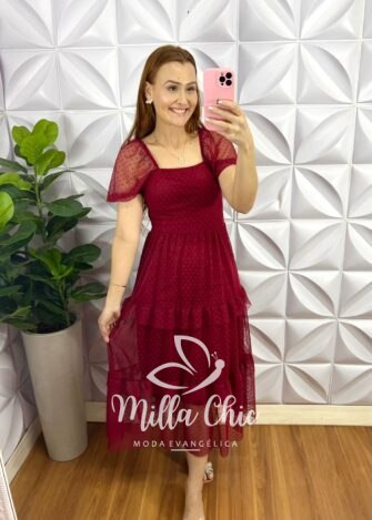 Vestido Tule Bolinha Decote Quadrado Manga Princesa Babadinhos Nas Marias Milene - Cherry - Milla Chic