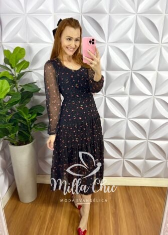 Vestido Tule Decote U Faixa Cinto Manga Longa Mídi Com Marias Celia - Preto (Cherry) - Milla Chic