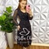 Vestido Tule Decote U Faixa Cinto Manga Longa Mídi Com Marias Celia - Preto (Cherry) - Milla Chic