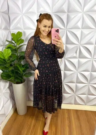 Vestido Tule Decote U Faixa Cinto Manga Longa Mídi Com Marias Celia - Preto (Cherry) - Milla Chic