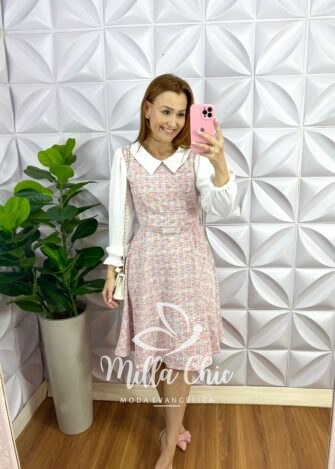 Vestido Tweed Godê Com Cinto Encapado Manga Longa Ana Julia - Rosa - Milla Chic