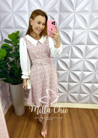 Vestido Tweed Godê Com Cinto Encapado Manga Longa Ana Julia - Rosa - Milla Chic