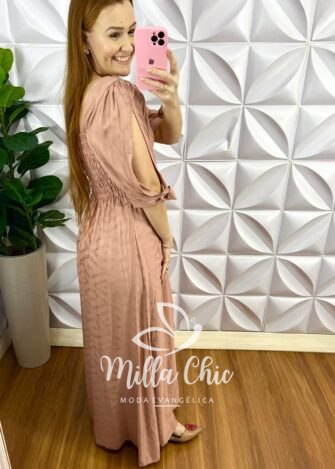 Vestido Viscolinho Com Textura Longo Pamela - Rose - Milla Chic