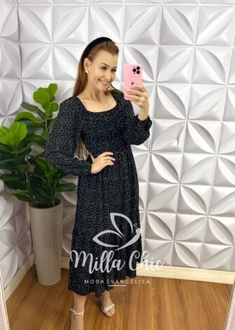 Vestido Viscolinho Lastex Manga Longa Mídi Carla - Cereja - Milla Chic