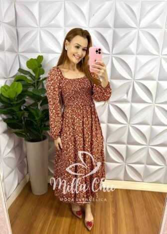 Vestido Viscolinho Lastex Manga Longa Mídi Carla - Cereja - Milla Chic