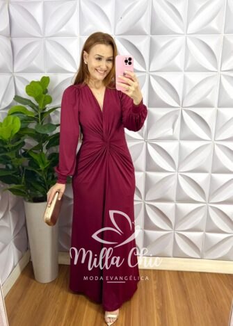 Vestido Viscolinho Lastex Manga Longa Mídi Carla - Terra Cota - Milla Chic