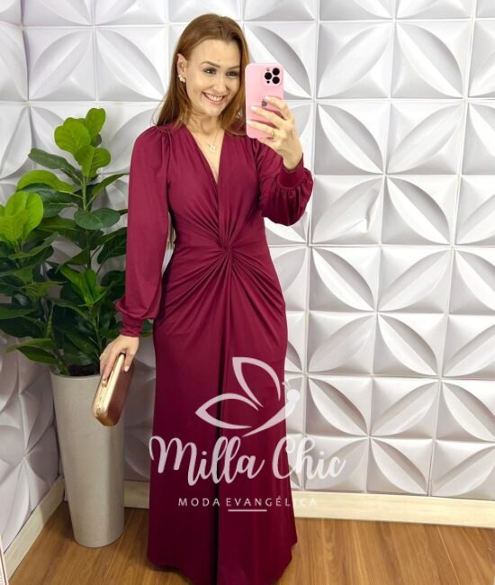 Vestido Viscolinho Lastex Manga Longa Mídi Carla - Terra Cota - Milla Chic