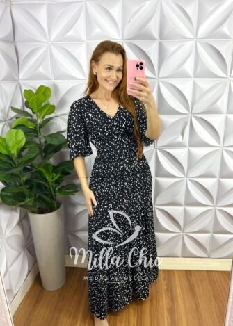 Vestido Viscolinho Longo Manga Raglan Estampado Ester - Preto - Milla Chic