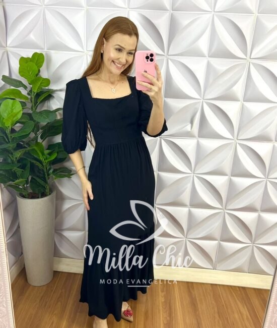 Vestido Viscolinho Maquinetado Longo Juju - Preto - Milla Chic