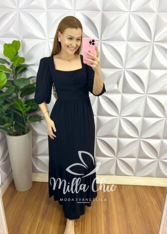 Vestido Viscolinho Maquinetado Longo Juju - Preto - Milla Chic
