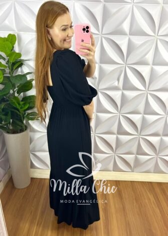 Vestido Viscolinho Maquinetado Longo Juju - Preto - Milla Chic