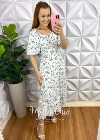 Vestido Viscolinho Mídi Estampado Sheila - Branco - Milla Chic
