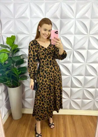 Vestido Viscolinho Mídi Manga Longa Estampado Sheila - Onça - Milla Chic