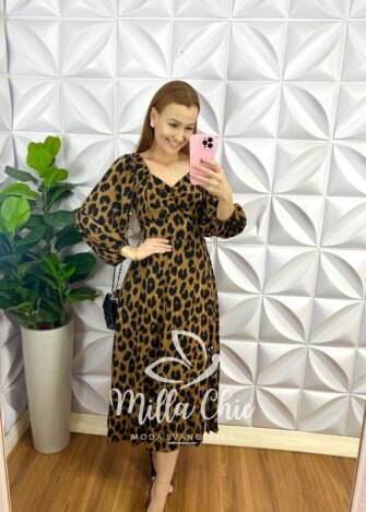 Vestido Viscolinho Mídi Manga Longa Estampado Sheila - Onça - Milla Chic