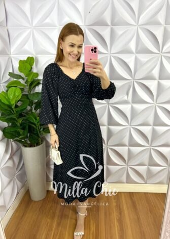 Vestido Viscolinho Mídi Manga Longa Estampado Sheila - Preto - Milla Chic
