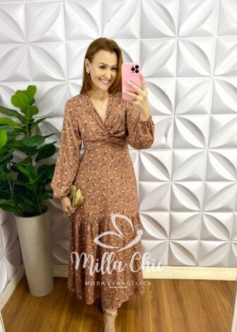 Vestido Viscolinho Torcido No Busto Mídi Manga Longa Fabiane - Azul - Milla Chic
