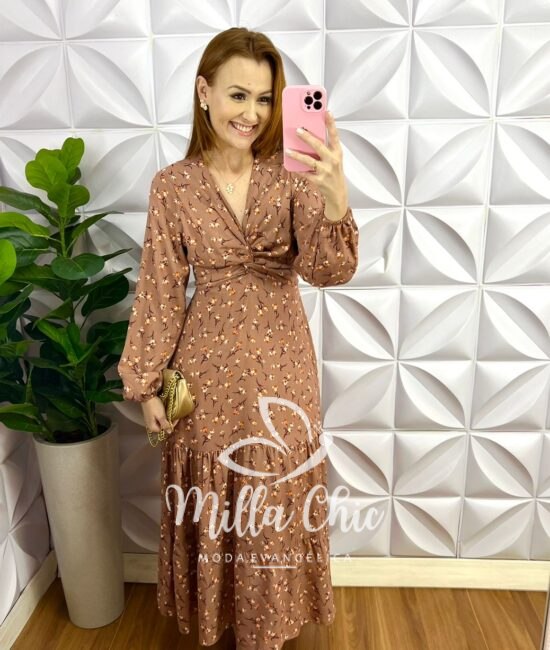Vestido Viscolinho Torcido No Busto Mídi Manga Longa Fabiane - Azul - Milla Chic