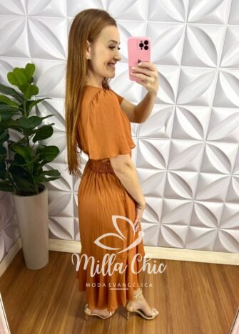Vestido Viscose De Jaccar Mídi Botões Madre Perola Cassia - Capuchino - Milla Chic
