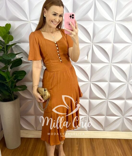 Vestido Viscose De Jaccar Mídi Botões Madre Perola Cassia - Capuchino - Milla Chic