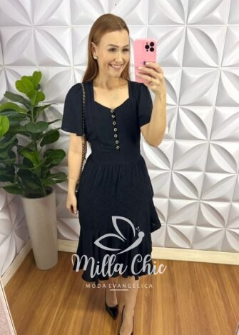 Vestido Viscose De Jaccar Mídi Botões Madre Perola Cassia - Preto - Milla Chic