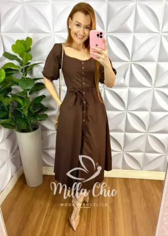 Vestido Chemise Tricoline Manga Princesa Max Mídi Camila - Marrom - Milla Chic
