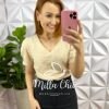 Blusa Cambraia de Linho Bordado Com Manga Princesa Rafaela - Areia - Milla Chic