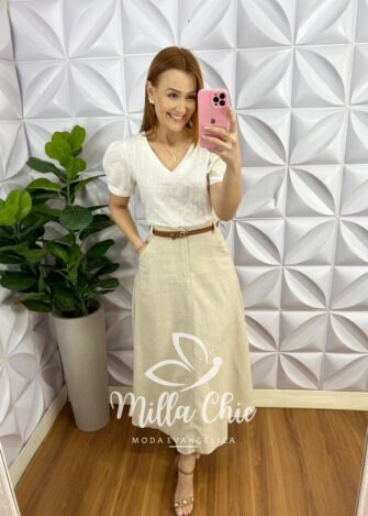 Blusa Cambraia de Linho Bordado Com Manga Princesa Rafaela - Branca - Milla Chic
