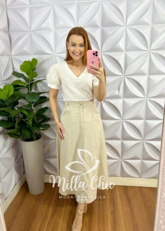 Blusa Cambraia de Linho Bordado Com Manga Princesa Rafaela - Branca - Milla Chic