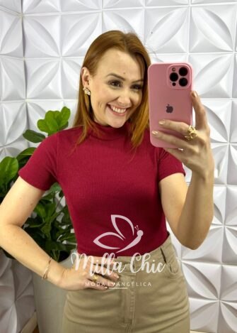 Blusa Canelada Anarruga Gola Alta Paloma - Cherry - Milla Chic