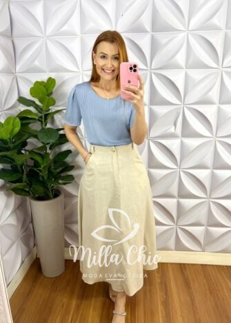 Blusa Cetim Manga Levemente Princesa Joana - Azul - Milla Chic