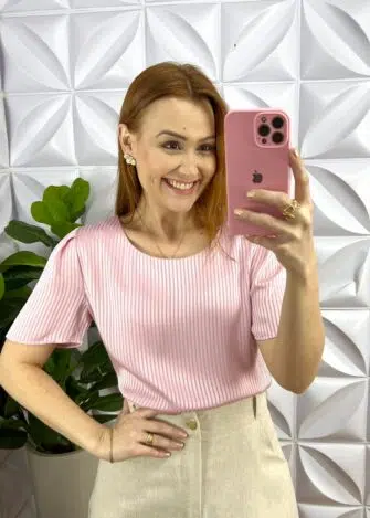 Blusa Cetim Manga Levemente Princesa Joana - Rosa - Milla Chic