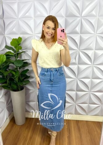 Blusa Laise Algodão Manga Babadinho Anastácia - Manteiga - Milla Chic