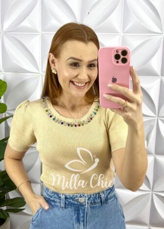 Blusa Trico Com Bordado De Pedraria Na Gola Cressida - Areia - Milla Chic