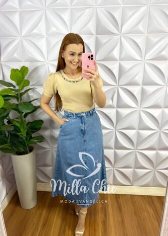 Blusa Trico Com Bordado De Pedraria Na Gola Cressida - Areia - Milla Chic