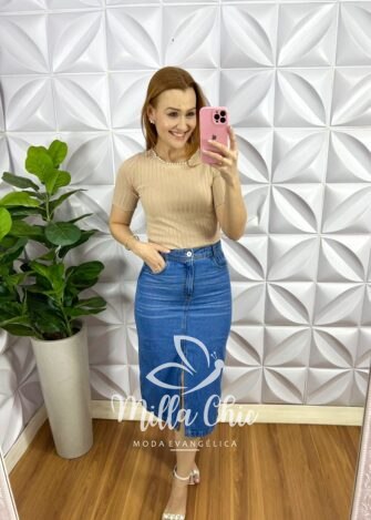 Blusa Trico Com Bordado De Pedraria Na Gola Liliana - Areia - Milla Chic