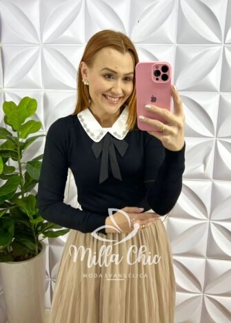 Blusa Tricot Modal Gola Com Laço Manga Longa Paty - Preta - Milla Chic