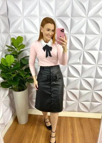 Blusa Tricot Modal Gola Com Laço Manga Longa Paty - Rosa - Milla Chic