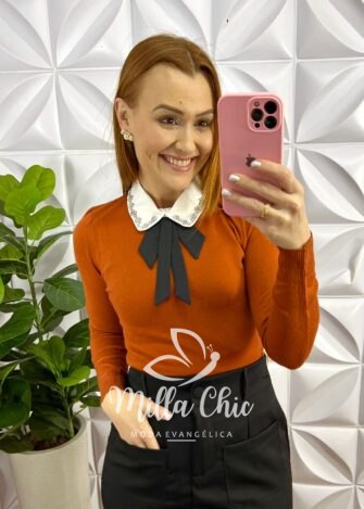 Blusa Tricot Modal Gola Com Laço Manga Longa Paty - Terra Cota - Milla Chic