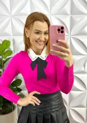 Blusa Tricot Modal Gola Com Laço Manga Longa Paty - Pink - Milla Chic