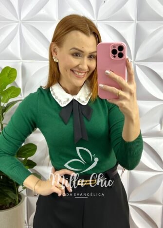 Blusa Tricot Modal Gola Com Laço Manga Longa Paty - Verde - Milla Chic